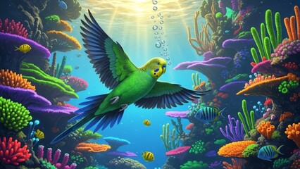 Fantasy Green Parakeet Flying Through a Vibrant Coral Reef