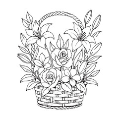 Beautiful floral arrangement featuring roses and lilies artfully displayed within a woven basket, perfect for coloring