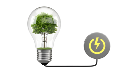 Light bulb with green leaves and electrical energy symbols, representing renewable energy and eco-friendly innovation, isolated on transparent background.