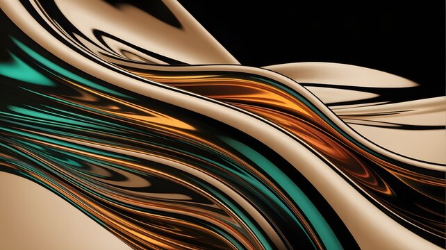 Abstract flowing metallic liquid waves with teal and gold - Powered by Adobe