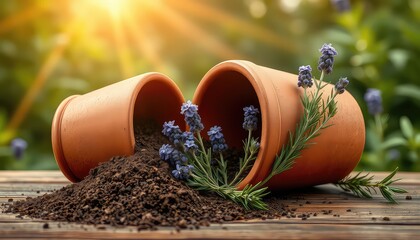 A new beginning for your garden terracotta pots spilling soil and blooming lavender, perfect for spring planting, summer growth, and educational presentations on horticulture.