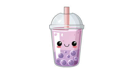 Kawaii boba tea sticker cute purple drink cartoon character milk tea beverage tapioca pearl sweet dessert illustration icon graphic design element on transparent background