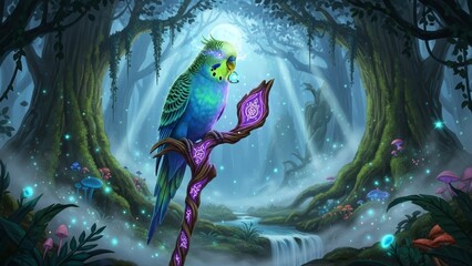 Magical Budgerigar on an Enchanted Staff in a Glowing Fantasy Forest