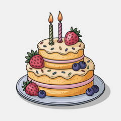 A beautifully decorated two-tier cake adorned with strawberries and candles, perfect for celebrations or parties, symbolizing sweet moments and joyful occasions in life.