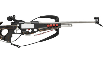 Black biathlon rifle with red buttons and scope shooting