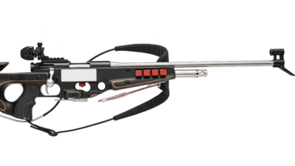 Black biathlon rifle with red buttons and scope shooting
