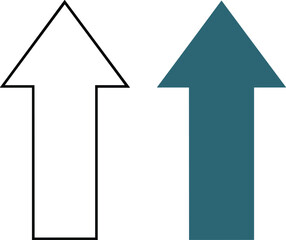 Two simple up arrow icons, one featuring a solid teal fill and the other a clean black outline, representing concepts like upload, direction, growth, and improvement.