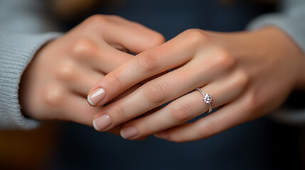 Fototapeta premium Close-up of Woman's Hands Clasped Showing Minimalist Engagement Ring and French Manicure