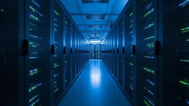 Server Room Data Center with Rows of Rack Servers and High Speed Fiber Optic Cables