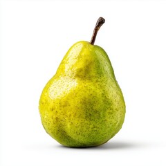 Isolated on bright white background, fresh ripe pear with smooth yellow-green skin and natural speckled texture. Soft diffused studio lighting with clean shadows, ultra-HD detail.