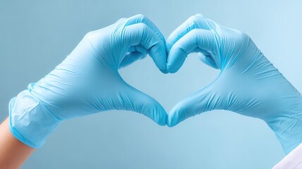 Hands in blue medical gloves forming heart gesture, symbolizing healthcare support, gratitude and medical care,