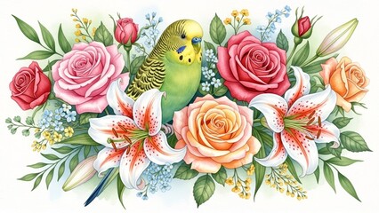 Colorful Watercolor Illustration of a Budgerigar Amidst Vibrant Roses and Lilies