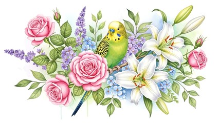 Vibrant Watercolor Parakeet with Blooming Roses, Lilies, and Lavender