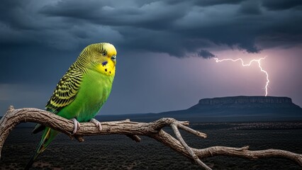 Green and Yellow Budgie Perched on Branch During a Dramatic Lightning Storm