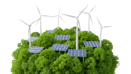 Green landscape featuring solar panels and wind turbines, symbolizing renewable energy and sustainability, isolated on transparent background.