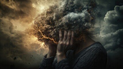 Person experiencing mental storm, head transforming into dark clouds with stress lightning, overwhelming representing