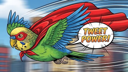 Flying Superhero Parakeet with Cape and Mask Shouting tweet Power