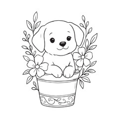 Charming Puppy Peeking From a Flower Pot A Whimsical Coloring Page Illustration