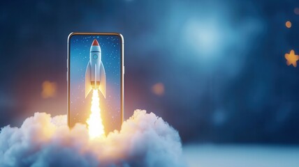 Smartphone displaying rocket launching from cloud, representing digital startup, fast and growth, mobile technology success