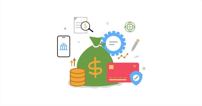 Financial management with money bag and banking icons animation