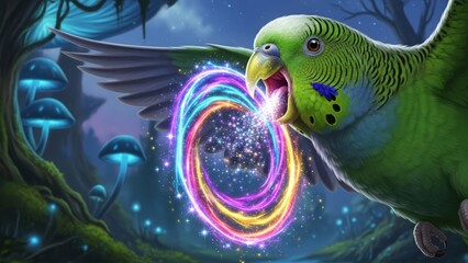 Vibrant Green Budgie Emitting Magical Rainbow Energy in Enchanted Forest