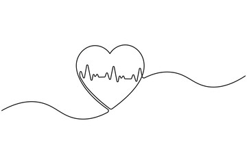 Medical heart with ecg continuous one line drawing minimalist outline vector
