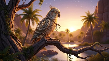 Steampunk Parrot with Monocle and Key Perched on Branch at Sunset