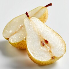 Macro studio shot of sliced pear showing juicy pale-yellow flesh and seed core. Clean white background, crisp detail and soft natural reflections. Ideal for healthy food, beverages,