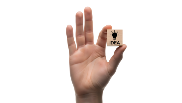 Hand holding a small wooden block featuring a lightbulb icon and the word “IDEA,” symbolizing creativity, innovation, brainstorming, and business inspiration. - Powered by Adobe