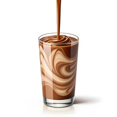 Chocolate and cream swirling together inside a tall glass, creating a marbled effect, isolated on white background.