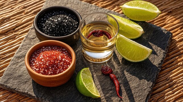 Premium tequila worm salt tasting setup with golden mezcal shot glass red agave worm black volcanic salt chili salt and fresh lime wedges on slate board