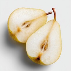 Macro studio shot of sliced pear showing juicy pale-yellow flesh and seed core. Clean white background, crisp detail and soft natural reflections. Ideal for healthy food, beverages,