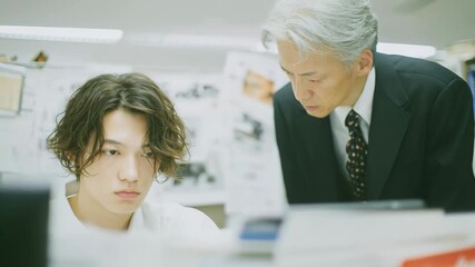 Senior manager mentoring young employee at office desk