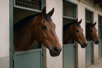 Three brown horses looking out from individual stable windows in a row, showing symmetry and calmness in equestrian care concept. Ai generative