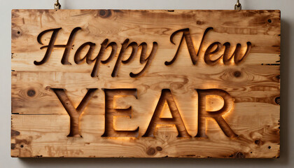 &ldquo;Happy New Year&rdquo; carved on light wood plank; 4K HD image