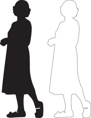 Isolated Black Vector Silhouette and Outline of a Standing Young Girl isolated PNG with Transparent Background