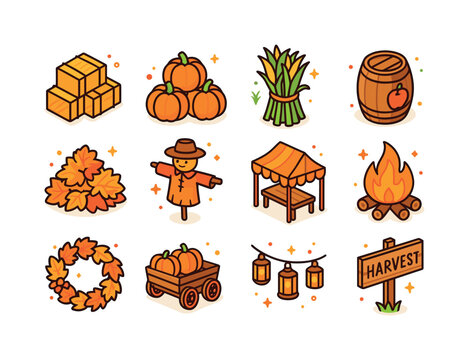 Colorful Fall Festival Icons. Fall Festival. Colorful isometric