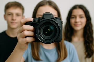 Close-up of teenage girl holding DSLR camera with two friends standing in background, concept of photography and youth creativity on white backdrop. Ai generative