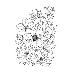Intricate Hand-Drawn Floral Bouquet Illustration Featuring Assorted Blooming Flowers and Delicate Leaves, Perfect for Botanical Designs, Coloring Books, and Decorative Art Projects