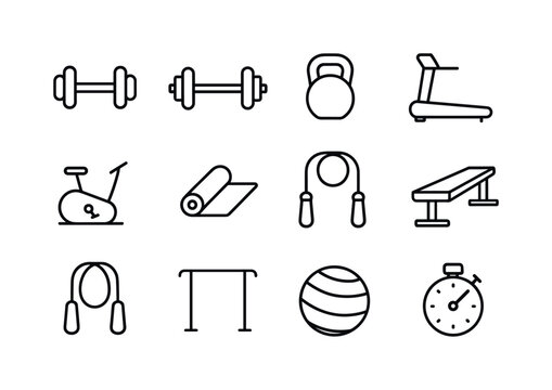 Workout Equipment Icons. Workout equipment. Line icon set of wor