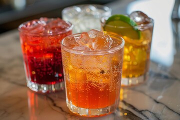 Refreshing cocktails with ice cubes are ready to be served on a marble bar top