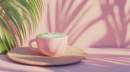 Matcha latte in pink ceramic cup with palm leaf shadows