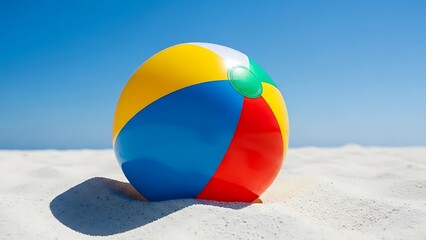 Obraz premium A colorful beach ball resting on pristine white sand under a clear blue sky, with the ocean in the background