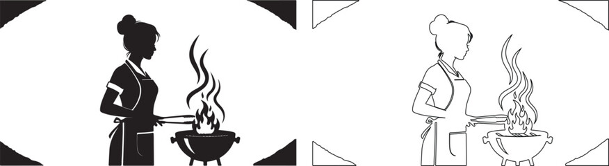 Woman Grilling Barbecue Silhouette and Outline Vector Graphic isolated PNG with Transparent Background
