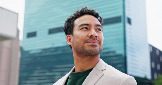 Thinking, business man or planning in city for property viewing, investment potential or vision. Below, real estate developer or smile with insight of urban location, building expansion or evaluation