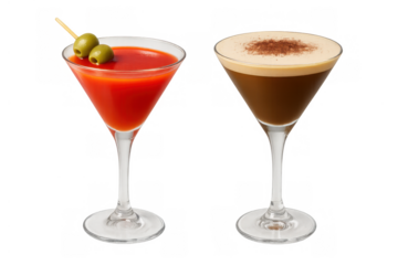 Bloody mary and espresso martini cocktails in martini glasses, refreshing drinks with garnish, transparent background