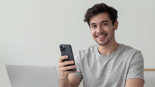 Young Man Smiling and Using Smartphone While Sitting at Desk in Modern Home Office Environment