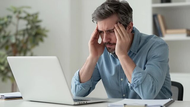 Businessman Struggling with Stress While Working on a Laptop in Bright Modern Office Environment