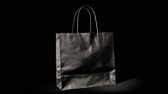 Metallic silver shopping bag with handles, realistic style, centered on black background, concept of luxury retail packaging