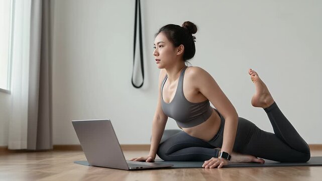 Young woman practicing yoga at home using laptop on mat in bright room with natural light and minimalistic decor
